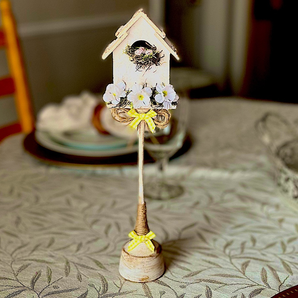 New Farmhouse  Wooden Birdhouse on Glass Stand